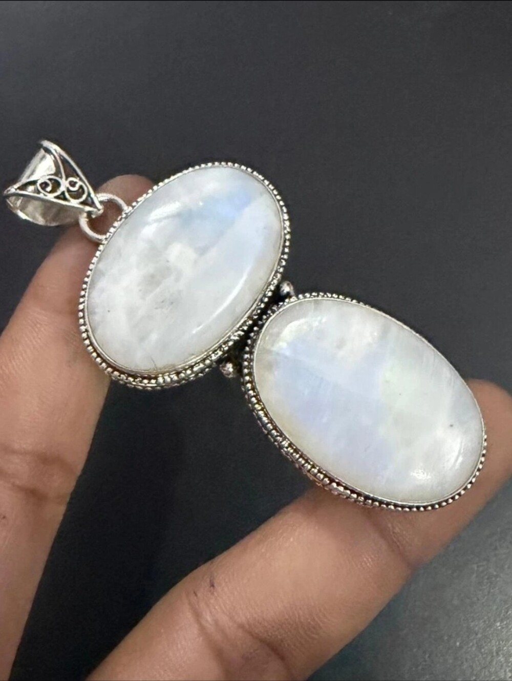 Natural Moonstone Double Oval 925 Sterling Pendant Necklace New